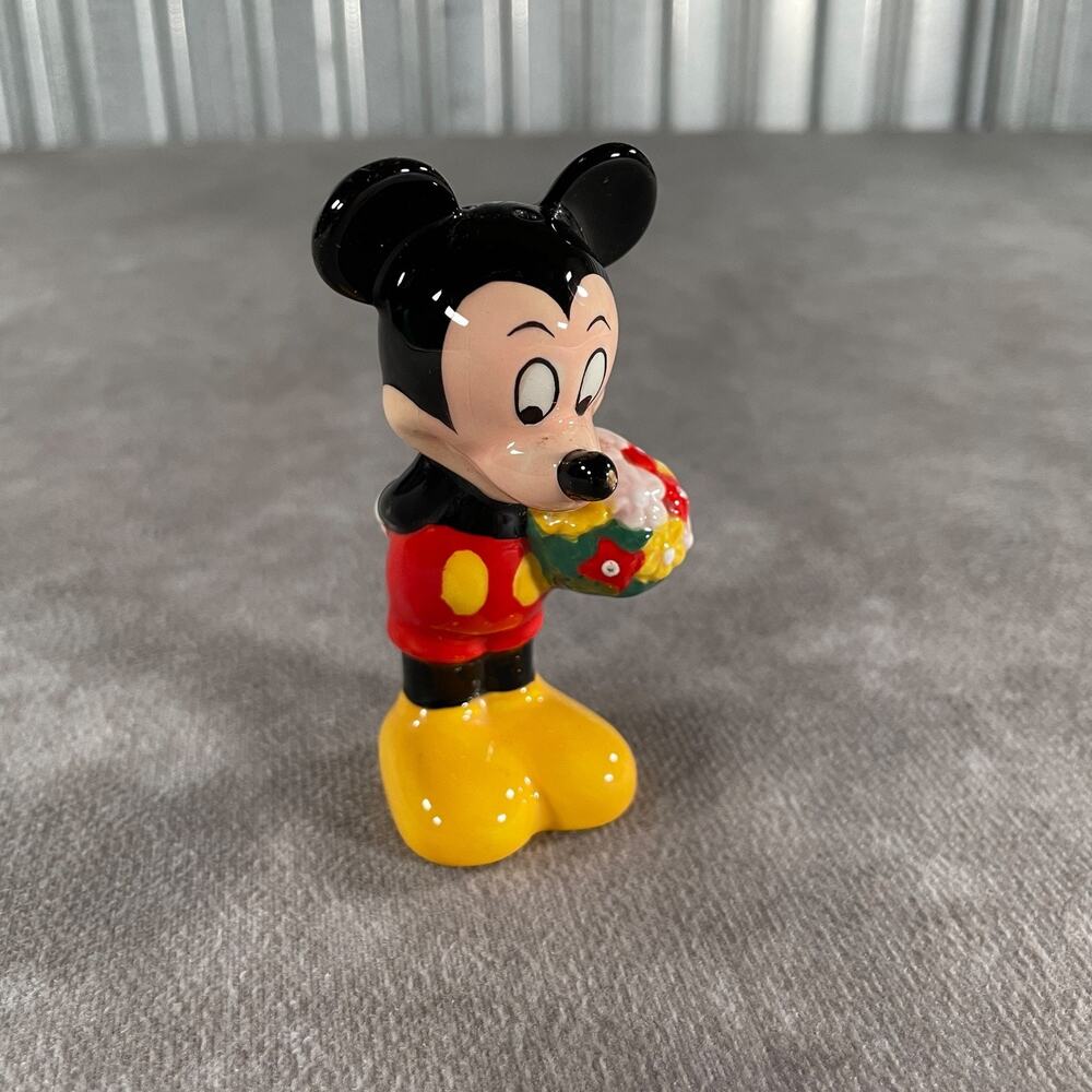 90s Disney Mickey Mouse Ceramic Figurine Holding Flower Bouquet Multicolor